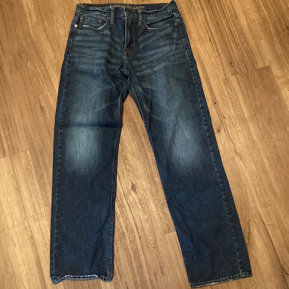 Good condition. No holes or stains. Normal wear on the hems and pocket edges.